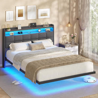 DE.SIKAIC Betten Dunkelgrau / Metall / 140 cm × 190 cm Doppelbettgestell Metallbett mit LED-Beleuchtung, Ladestation und Kopfteil, Bett Schwebebettrahmen Dunkelgrau