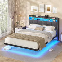 DE.SIKAIC Betten Dunkelgrau / Metall / 140 cm × 190 cm Doppelbettgestell Metallbett mit LED-Beleuchtung, Ladestation und Kopfteil, Bett Schwebebettrahmen Dunkelgrau