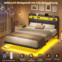 DE.SIKAIC Betten Dunkelgrau / Metall / 140 cm × 190 cm Doppelbettgestell Metallbett mit LED-Beleuchtung, Ladestation und Kopfteil, Bett Schwebebettrahmen Dunkelgrau