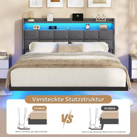 DE.SIKAIC Betten Dunkelgrau / Metall / 140 cm × 190 cm Doppelbettgestell Metallbett mit LED-Beleuchtung, Ladestation und Kopfteil, Bett Schwebebettrahmen Dunkelgrau