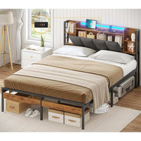 DE.SIKAIC Betten Dunkelgrau / Metall / 140 cm × 200 cm Bettgestell mit LED-Beleuchtung, USB-Ladefunktion und Stauraum-Kopfteil, Dunkelgrau