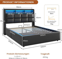 DE.SIKAIC Betten Dunkelgrau / Metall / 140 cm × 200 cm LED Polsterbett mit Stauraum Kopfteil, Bettgestell mit Lattenrost und bettkasten,Schwarz