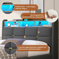 DE.SIKAIC Betten Dunkelgrau / Metall / 140 cm × 200 cm Leinen Polsterbett mit Stauraum Kopfteil und Steckdosen, LED Beleuchtung & Hydraulisch Stauraum,Dunkelgrau