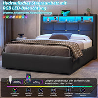 DE.SIKAIC Betten Dunkelgrau / Metall / 140 cm × 200 cm Leinen Polsterbett mit Stauraum Kopfteil und Steckdosen, LED Beleuchtung & Hydraulisch Stauraum,Dunkelgrau
