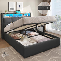 DE.SIKAIC Betten Dunkelgrau / Metall / 140 cm × 200 cm Leinen Polsterbett mit Stauraum Kopfteil und Steckdosen, LED Beleuchtung & Hydraulisch Stauraum,Dunkelgrau