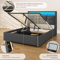 DE.SIKAIC Betten Dunkelgrau / Metall / 140 cm × 200 cm Leinen Polsterbett mit Stauraum Kopfteil und Steckdosen, LED Beleuchtung & Hydraulisch Stauraum,Dunkelgrau