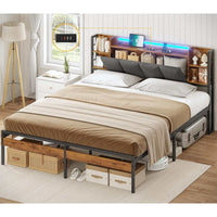 DE.SIKAIC Betten Dunkelgrau / Metall / 160 cm × 200 cm Bettgestell mit LED-Beleuchtung, USB-Ladefunktion und Stauraum-Kopfteil, Dunkelgrau