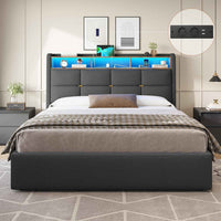 DE.SIKAIC Betten Dunkelgrau / Metall / 160 cm × 200 cm Leinen Polsterbett mit Stauraum Kopfteil und Steckdosen, LED Beleuchtung & Hydraulisch Stauraum,Dunkelgrau