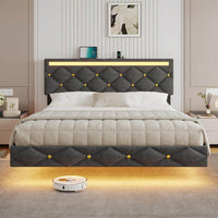 DE.SIKAIC Betten Dunkelgrau / Metall / 160×200 cm Modernes Schwebebett 160x200 cm, Leinen gepolstertes Doppelbett mit LED-Beleuchtung, Ladestation, hohem Kopfteil, Dunkelgrau