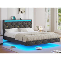 DE.SIKAIC Betten Dunkelgrau / Metall / 160×200 cm Modernes Schwebebett 160x200 cm, Leinen gepolstertes Doppelbett mit LED-Beleuchtung, Ladestation, hohem Kopfteil, Dunkelgrau