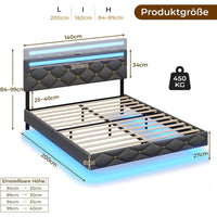 DE.SIKAIC Betten Dunkelgrau / Metall / 160×200 cm Modernes Schwebebett 160x200 cm, Leinen gepolstertes Doppelbett mit LED-Beleuchtung, Ladestation, hohem Kopfteil, Dunkelgrau