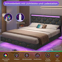 DE.SIKAIC Betten Dunkelgrau / Metall / 160×200 cm Modernes Schwebebett 160x200 cm, Leinen gepolstertes Doppelbett mit LED-Beleuchtung, Ladestation, hohem Kopfteil, Dunkelgrau
