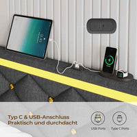 DE.SIKAIC Betten Dunkelgrau / Metall / 160×200 cm Modernes Schwebebett 160x200 cm, Leinen gepolstertes Doppelbett mit LED-Beleuchtung, Ladestation, hohem Kopfteil, Dunkelgrau