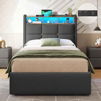 DE.SIKAIC Betten Dunkelgrau / Metall / 90 cm × 200 cm Leinen Polsterbett mit Stauraum Kopfteil und Steckdosen, LED Beleuchtung & Hydraulisch Stauraum,Dunkelgrau