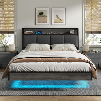 DE.SIKAIC Betten Grau / Leinen / 140×200 cm LED Bett, Polsterbett mit Ladestation | Grau | Leinenstoff | Lattenrost