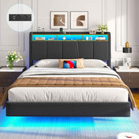 DE.SIKAIC Betten Grau / Metall / 140 cm × 190 cm Polsterbett Schwebebett mit LED-Beleuchtung Kopfteil Ladestation und Stauraum Leinen Grau