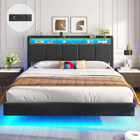 DE.SIKAIC Betten Grau / Metall / 160 cm × 200 cm Polsterbett Schwebebett mit LED-Beleuchtung Kopfteil Ladestation und Stauraum Leinen Grau