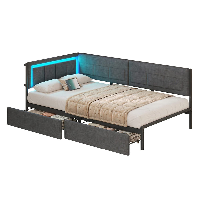 DE.SIKAIC Betten Grau / Metall / 90X190 cm Schlafsofa 90x190 cm mit LED-Beleuchtung und Steckdosenleiste, Grau