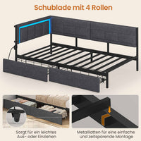 DE.SIKAIC Betten Grau / Metall / 90X190 cm Schlafsofa 90x190 cm mit LED-Beleuchtung und Steckdosenleiste, Grau