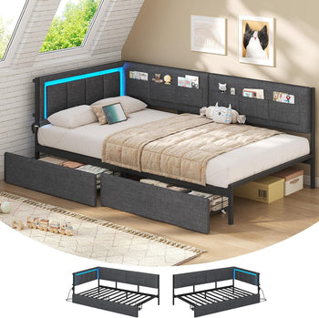DE.SIKAIC Betten Grau / Metall / 90X190 cm Schlafsofa 90x190 cm mit LED-Beleuchtung und Steckdosenleiste, Grau