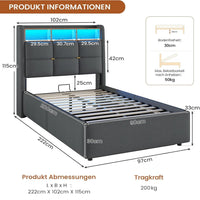 DE.SIKAIC Betten Leinen Polsterbett mit Stauraum Kopfteil und Steckdosen, LED Beleuchtung & Hydraulisch Stauraum,Dunkelgrau