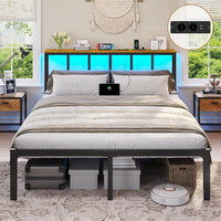 DE.SIKAIC Betten Metall Bettgestell mit LED Beleuchtung, Ladestation, Kopfteil und Stauraum
