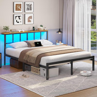 DE.SIKAIC Betten Metall Bettgestell mit LED Beleuchtung, Ladestation, Kopfteil und Stauraum