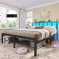 DE.SIKAIC Betten Metall Bettgestell mit LED Beleuchtung, Ladestation, Kopfteil und Stauraum