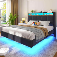 DE.SIKAIC Betten Polsterbett Schwebebett mit LED-Beleuchtung Kopfteil Ladestation und Stauraum Leinen Grau