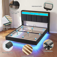 DE.SIKAIC Betten Polsterbett Schwebebett mit LED-Beleuchtung Kopfteil Ladestation und Stauraum Leinen Grau