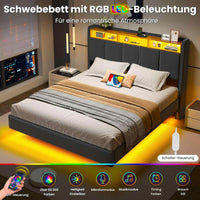 DE.SIKAIC Betten Polsterbett Schwebebett mit LED-Beleuchtung Kopfteil Ladestation und Stauraum Leinen Grau
