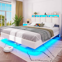DE.SIKAIC Betten Polsterbett Schwebebett mit LED-Beleuchtung Kopfteil Ladestation und Stauraum Leinen Weiß