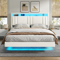 DE.SIKAIC Betten Weiß / PU / 140 cm × 200 cm Polsterbett 140x200 cm, Schwebebett, Bettrahmen mit LED-Beleuchtung, Ladestation, Kopfteil, PU Weiß