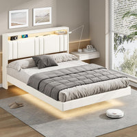 DE.SIKAIC Betten Weiß / PU / 140 cm × 200 cm Polsterbett 140x200 cm, Schwebebett, Bettrahmen mit LED-Beleuchtung, Ladestation, Kopfteil, PU Weiß