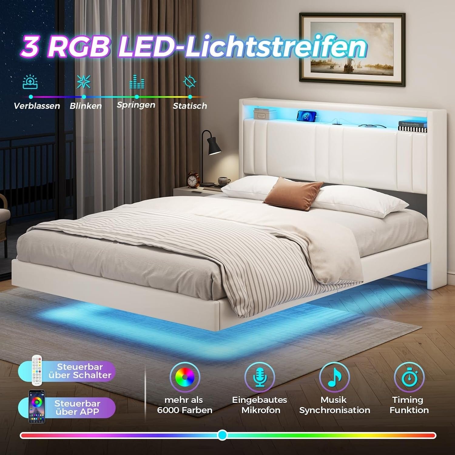 Schwebebett 140x200 Mit LED Beleuchtung - Metall Bettgestell Mit Kopfteil