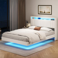 DE.SIKAIC Betten Weiß / PU / 140 cm × 200 cm Polsterbett 140x200 cm, Schwebebett, Bettrahmen mit LED-Beleuchtung, Ladestation, Kopfteil, PU Weiß
