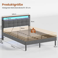 DE.SIKAIC Bettgestell mit LED-Beleuchtung, USB-Ladefunktion, Stauraum-Kopfteil und Stauraum unter dem Bett, Grau