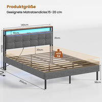 DE.SIKAIC Bettgestell mit LED-Beleuchtung, USB-Ladefunktion, Stauraum-Kopfteil und Stauraum unter dem Bett, Grau