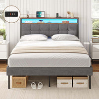 DE.SIKAIC Bettgestell mit LED-Beleuchtung, USB-Ladefunktion, Stauraum-Kopfteil und Stauraum unter dem Bett, Grau