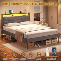 DE.SIKAIC Bettgestell mit LED-Beleuchtung, USB-Ladefunktion, Stauraum-Kopfteil und Stauraum unter dem Bett, Grau