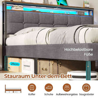 DE.SIKAIC Bettgestell mit LED-Beleuchtung, USB-Ladefunktion, Stauraum-Kopfteil und Stauraum unter dem Bett, Grau