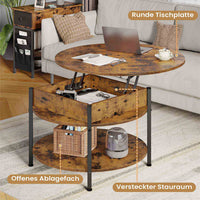 DE.SIKAIC Couchtisch Braun / Holzwerkstoff / Modern Couchtisch Rund Höhenverstellbarer Kaffeetisch Wohnzimmertisch mit Verstecktem Stauraum Braun