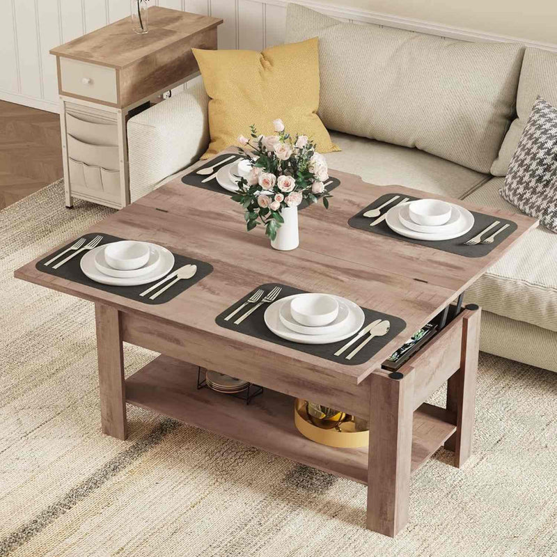 DE.SIKAIC Couchtisch Khakibraun / Holzwerkstoff / Modern Couchtisch Höhenverstellbar 3-in-1-Multifunktions-Wohnzimmertisch Kaffeetisch Als Esstisch nutzbar, Khakibraun