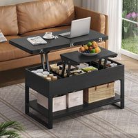 DE.SIKAIC Couchtisch Schwarz / Holzwerkstoff / Modern 3-in-1 Multifunktionaler Couchtisch Höhenverstellbar Versteckte Aufbewahrung, Offenes Fach, Als Esstisch nutzbar, Schwarz