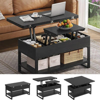 DE.SIKAIC Couchtisch Schwarz / Holzwerkstoff / Modern 3-in-1 Multifunktionaler Couchtisch Höhenverstellbar Versteckte Aufbewahrung, Offenes Fach, Als Esstisch nutzbar, Schwarz