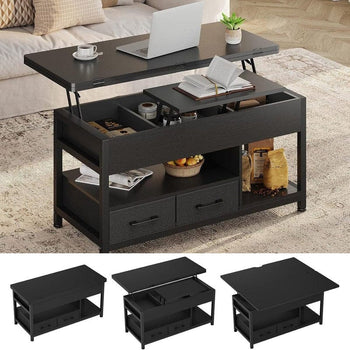DE.SIKAIC Couchtisch Schwarz / Holzwerkstoff / Modern Couchtisch Höhenverstellbar 3-in-1-Multifunktions-Wohnzimmertisch mit 2 Schubladen, Schwarz