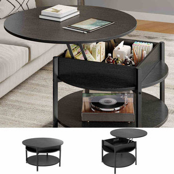 DE.SIKAIC Couchtisch Schwarz / Holzwerkstoff / Modern Couchtisch Rund Höhenverstellbarer Kaffeetisch Wohnzimmertisch mit Verstecktem Stauraum Schwarz