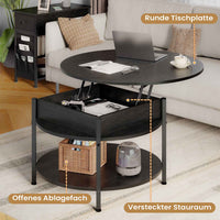 DE.SIKAIC Couchtisch Schwarz / Holzwerkstoff / Modern Couchtisch Rund Höhenverstellbarer Kaffeetisch Wohnzimmertisch mit Verstecktem Stauraum Schwarz