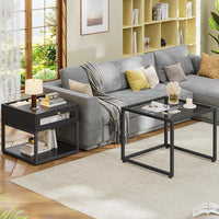 DE.SIKAIC Couchtisch Schwarz / Holzwerkstoff / Modern Moderne schwarze Couchtisch 2er Set | DIY Glastisch mit Schubladen | Für Wohnzimmer, Balkon und Büro