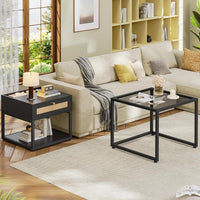 DE.SIKAIC Couchtisch Schwarz / Holzwerkstoff / Modern Moderne schwarze Couchtisch 2er Set | DIY Glastisch mit Schubladen | Für Wohnzimmer, Balkon und Büro